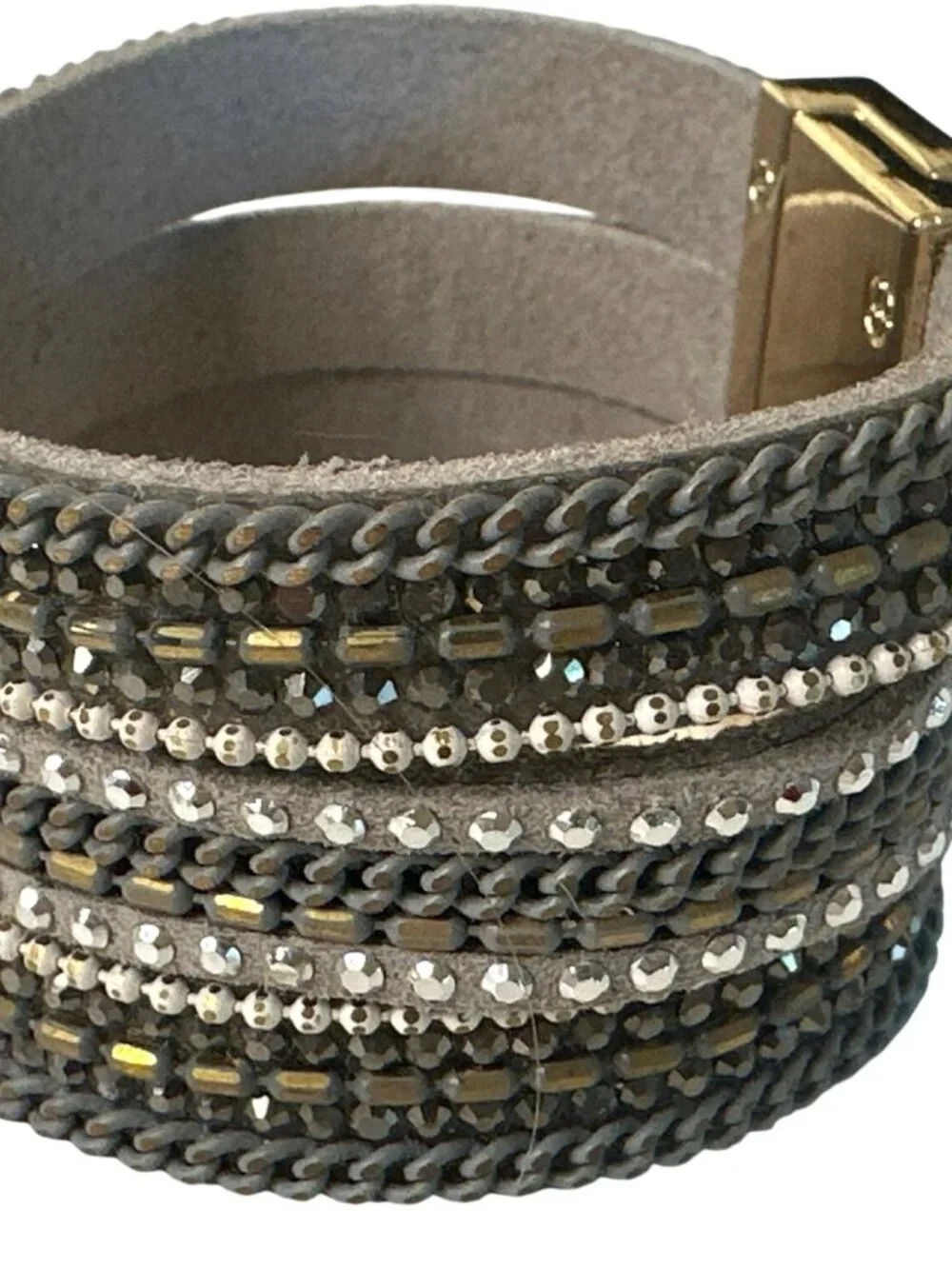 Beaded Wrap Bracelet Turnlock Clasp Gray Faux Leather & Metallic Studs Goth